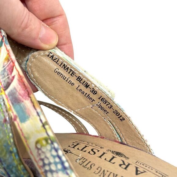 L’Artiste floral block heel slide sandals heels Size 39 turquoise boho artsy - Picture 11 of 13